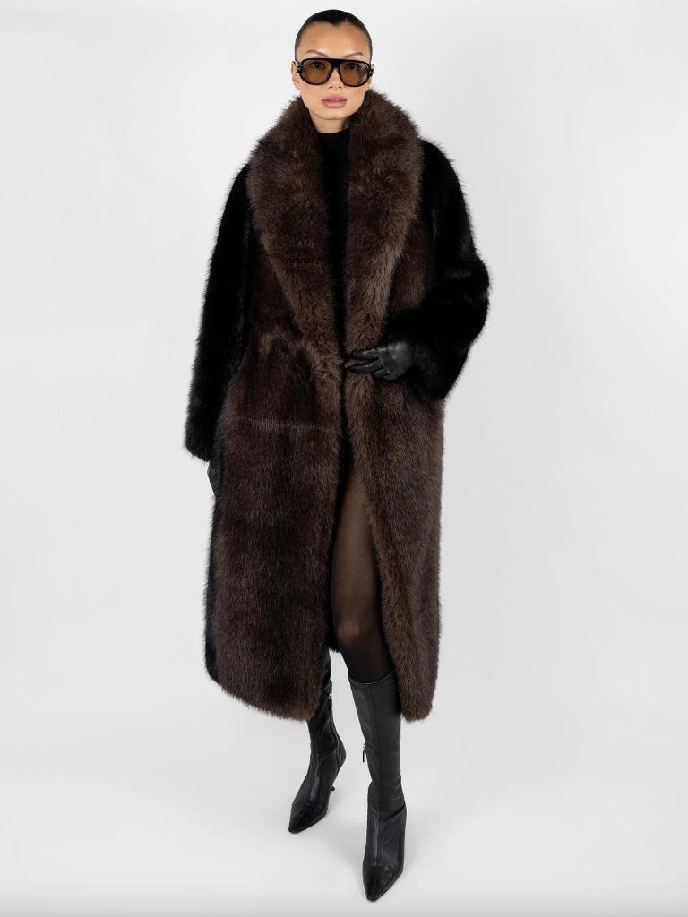 Weworewhat Faux Fur Belted Jacket - Black X Dark Brown - Size S